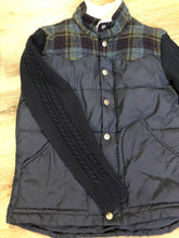 Load image into Gallery viewer, Kingspier Vintage - Fairwhale navy blue down filled jacket with knit sleeves, cozy Sherpa style collar, zipper and snap closures, patch pockets and one inside pocket. Size medium.
