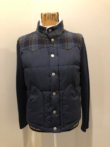 Kingspier Vintage - Fairwhale navy blue down filled jacket with knit sleeves, cozy Sherpa style collar, zipper and snap closures, patch pockets and one inside pocket. Size medium.