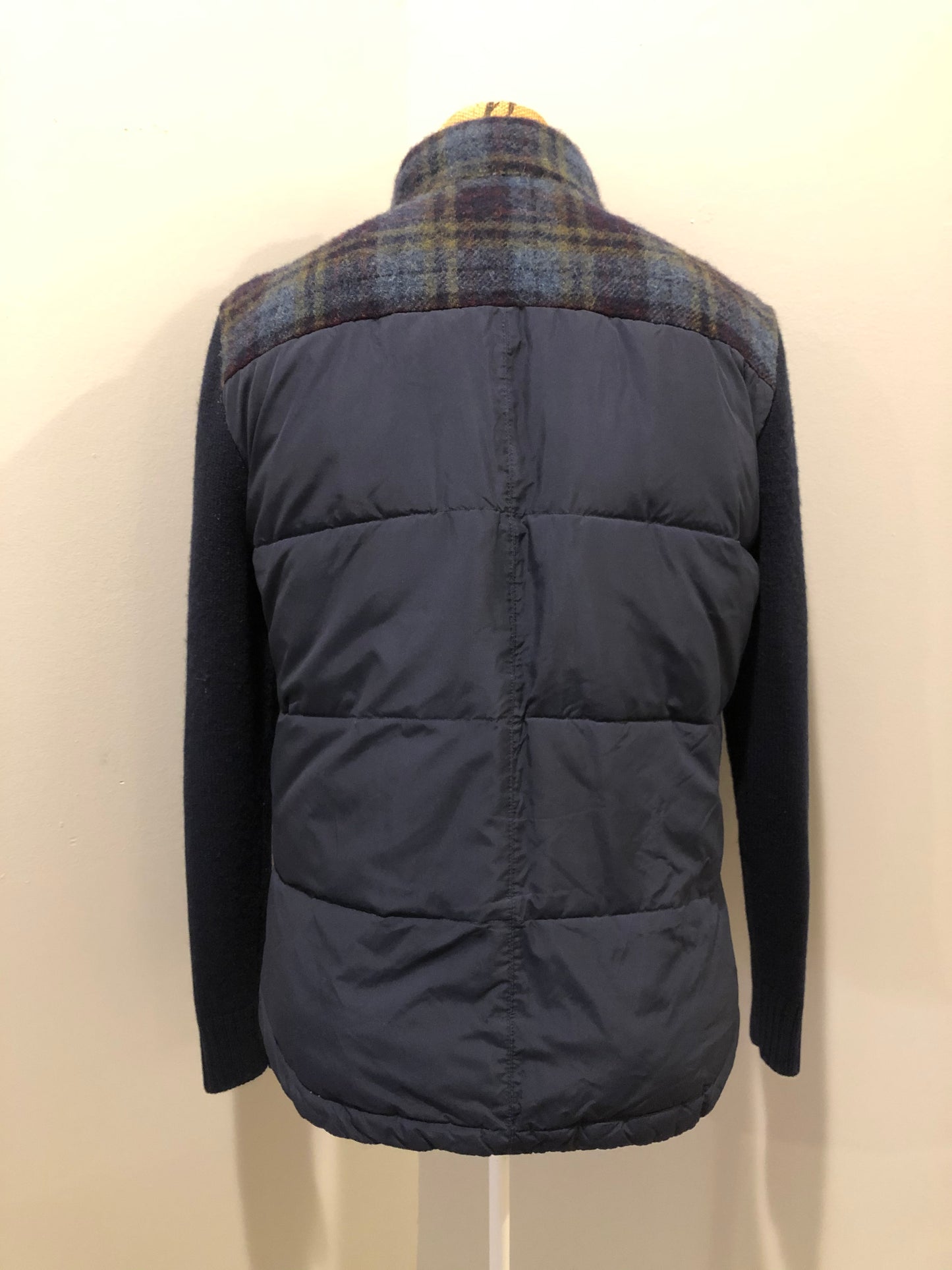 Kingspier Vintage - Fairwhale navy blue down filled jacket with knit sleeves, cozy Sherpa style collar, zipper and snap closures, patch pockets and one inside pocket. Size medium.