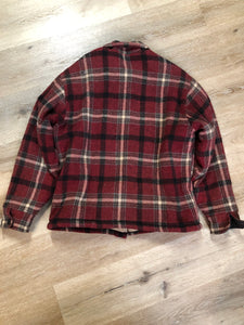Kingspier Vintage - Woolrich Rugged Outdoor Wear red plaid wool jacket with button closures, two flap pockets and a fleece lining. Made in the USA. Size large.