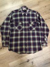 Load image into Gallery viewer, Kingspier Vintage - Herman Survivor faded blue red and green plaid lumberjack shirt with button closures and two flap pockets on the chest. Size large.
