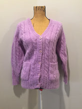 Load image into Gallery viewer, Kingspier Vintage - La Maison Simon’s cable knit wool and mohair blend cardigan in lavender with button closures and patch pockets. Size medium.

