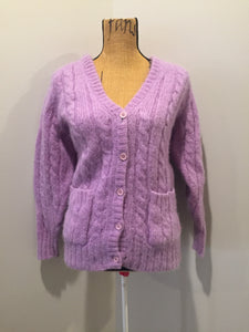 Kingspier Vintage - La Maison Simon’s cable knit wool and mohair blend cardigan in lavender with button closures and patch pockets. Size medium.