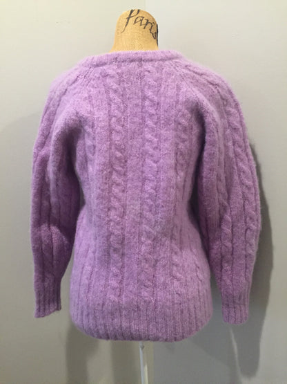 Kingspier Vintage - La Maison Simon’s cable knit wool and mohair blend cardigan in lavender with button closures and patch pockets. Size medium.