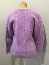 Load image into Gallery viewer, Kingspier Vintage - La Maison Simon’s cable knit wool and mohair blend cardigan in lavender with button closures and patch pockets. Size medium.
