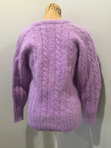 Kingspier Vintage - La Maison Simon’s cable knit wool and mohair blend cardigan in lavender with button closures and patch pockets. Size medium.