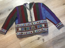 Load image into Gallery viewer, Kingspier Vintage - Hand knit cardigan with grey/green/red/purple/blue design and button closures. Size medium.
