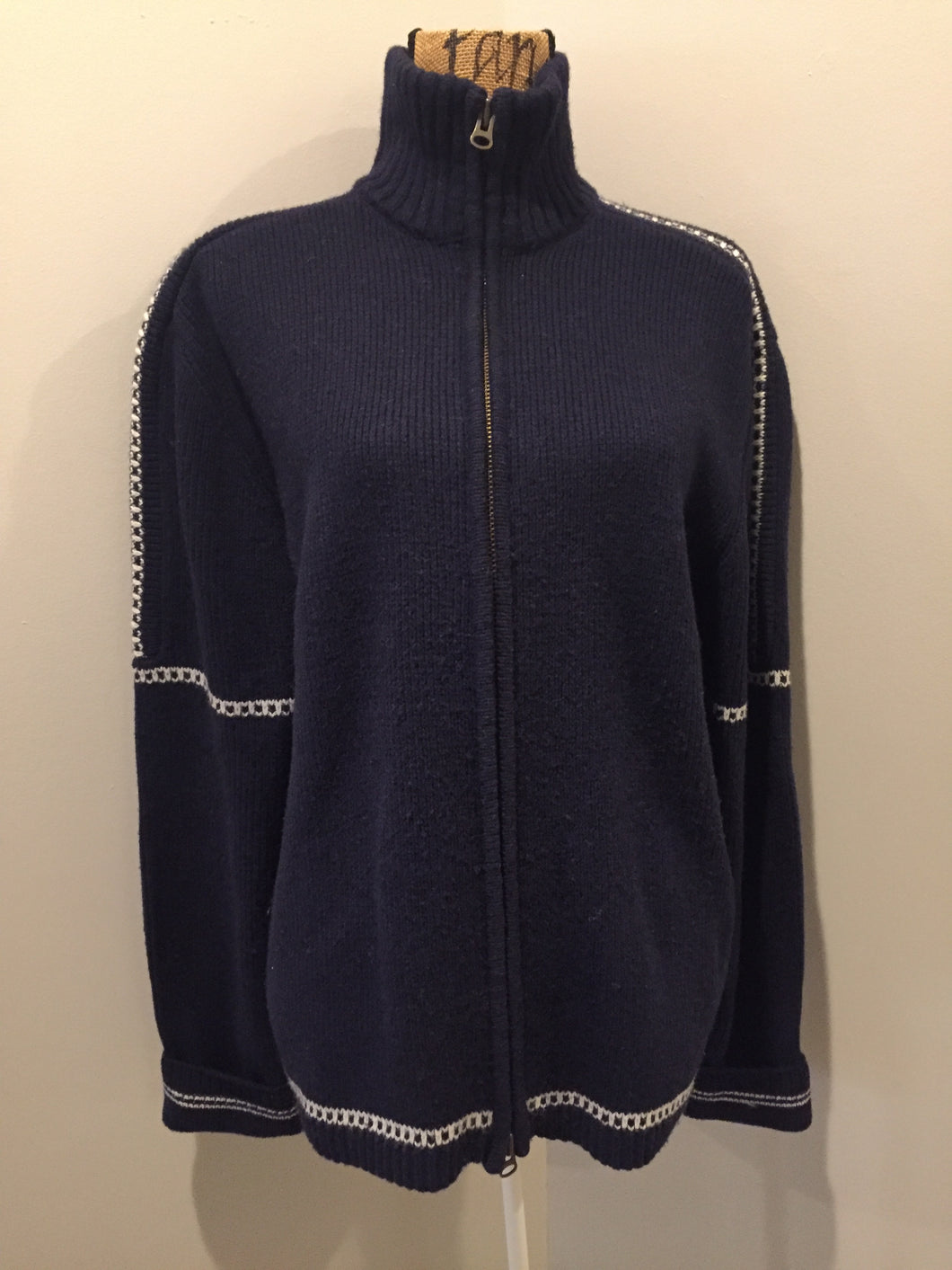 Kingspier Vintage - Gant wool cardigan in navy blue with white stripe around trim and zipper closure. Size large.