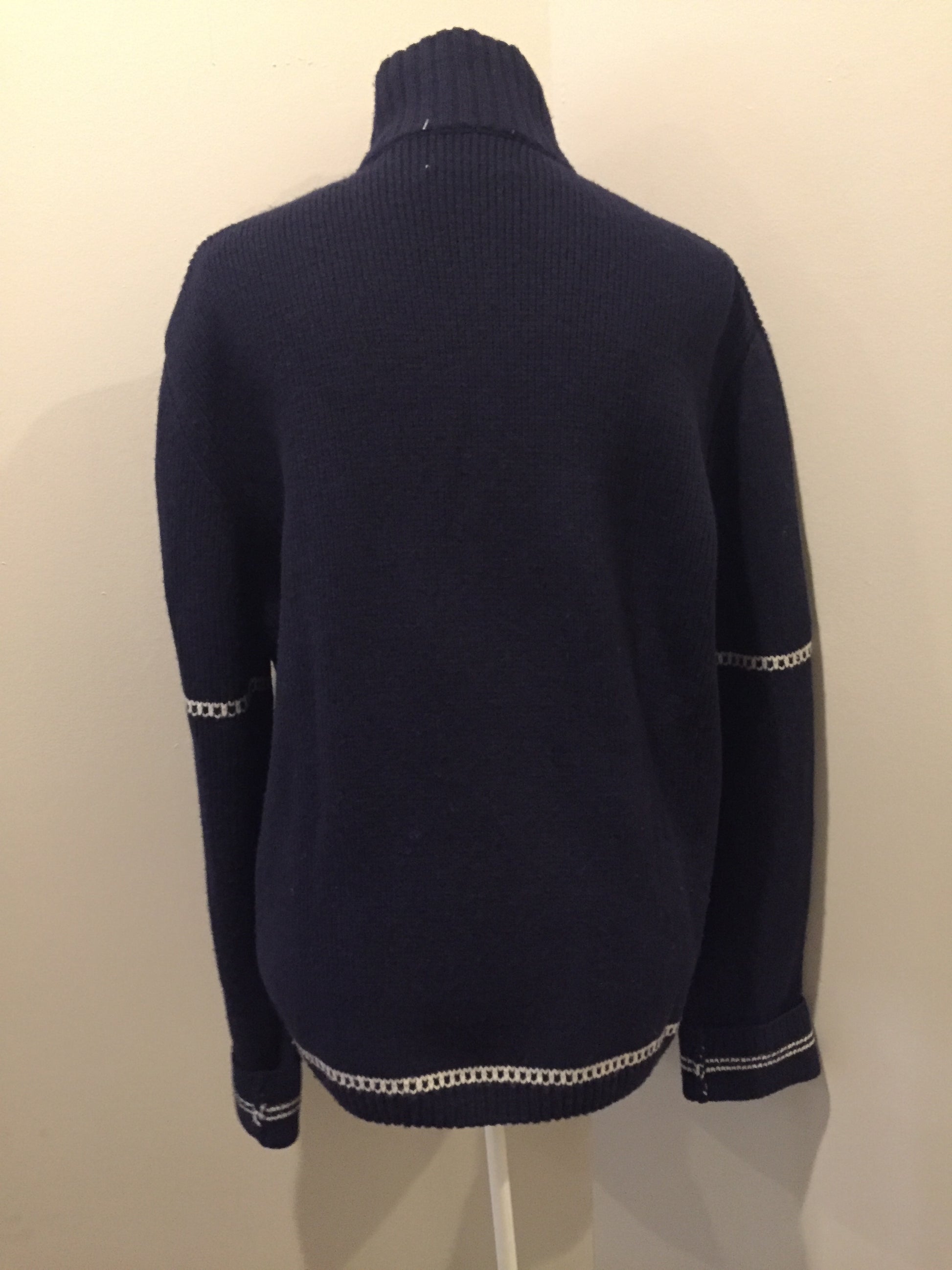 Kingspier Vintage - Gant wool cardigan in navy blue with white stripe around trim and zipper closure. Size large.