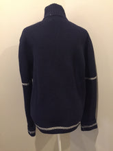 Load image into Gallery viewer, Kingspier Vintage - Gant wool cardigan in navy blue with white stripe around trim and zipper closure. Size large.
