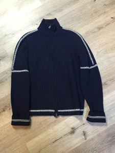 Kingspier Vintage - Gant wool cardigan in navy blue with white stripe around trim and zipper closure. Size large.
