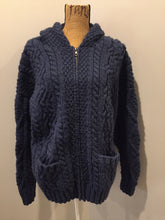 Load image into Gallery viewer, Kingspier Vintage - Vintage Romney wool honeycomb, diamond and cable knit cardigan in dark blue with hood, zipper and patch pockets. Size medium.

