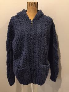 Kingspier Vintage - Vintage Romney wool honeycomb, diamond and cable knit cardigan in dark blue with hood, zipper and patch pockets. Size medium.