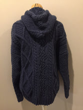 Load image into Gallery viewer, Kingspier Vintage - Vintage Romney wool honeycomb, diamond and cable knit cardigan in dark blue with hood, zipper and patch pockets. Size medium.
