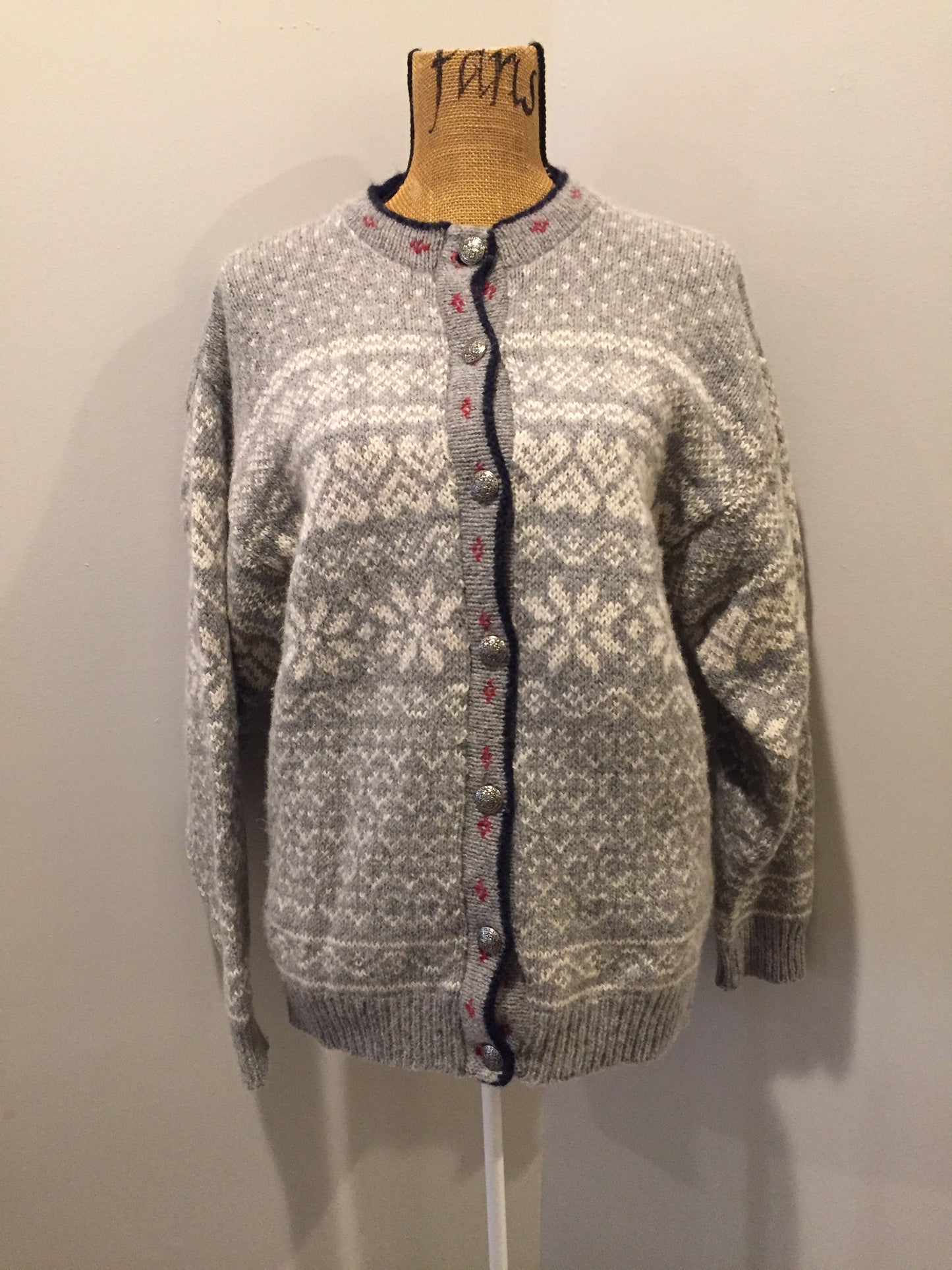 Kingspier Vintage - LL BEAN nordic style wool cardigan in grey, white, blue and red with button closures. Made in the USA. Size large.