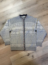 Load image into Gallery viewer, Kingspier Vintage - LL BEAN nordic style wool cardigan in grey, white, blue and red with button closures. Made in the USA. Size large.
