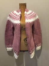 Load image into Gallery viewer, Kingspier Vintage - Hand knit Lopi style cardigan in pink and white. Fibers are synthetic.
