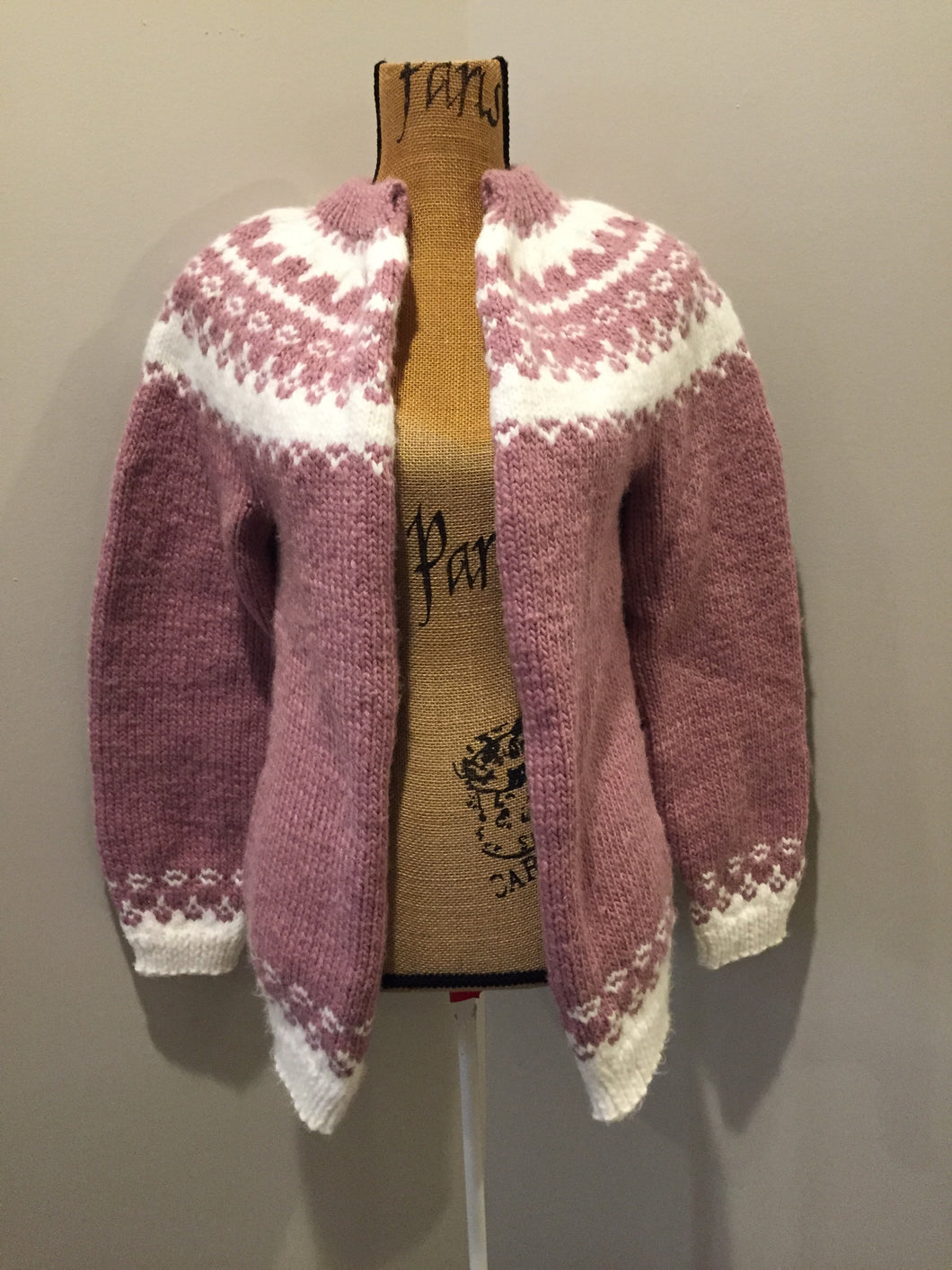 Kingspier Vintage - Hand knit Lopi style cardigan in pink and white. Fibers are synthetic.