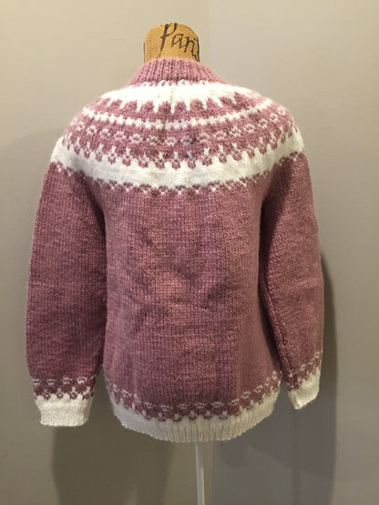 Kingspier Vintage - Hand knit Lopi style cardigan in pink and white. Fibers are synthetic.