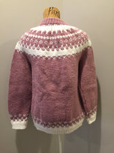 Load image into Gallery viewer, Kingspier Vintage - Hand knit Lopi style cardigan in pink and white. Fibers are synthetic.
