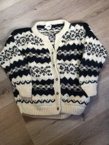 Kingspier Vintage - Vintage Casbah Imports wool cardigan in cream, black and brown with button closures and pockets. Size XXL.