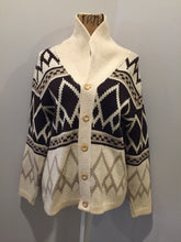 Load image into Gallery viewer, Kingspier Vintage - Tundra pure virgin wool cardigan in cream and brown with shawl collar and button closures. Made in Canada. Size medium
