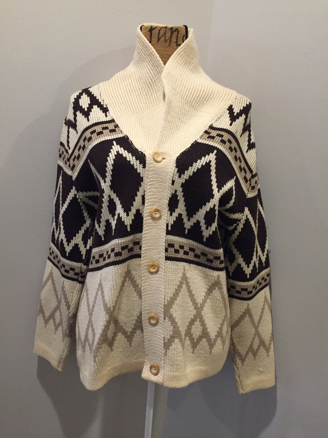 Kingspier Vintage - Tundra pure virgin wool cardigan in cream and brown with shawl collar and button closures. Made in Canada. Size medium