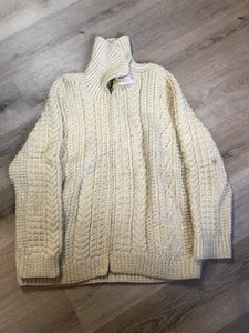 Kingspier Vintage - Hand knit wool cardigan in cream with zipper and pockets. Made in Nova Scotia. Size XL (mens).