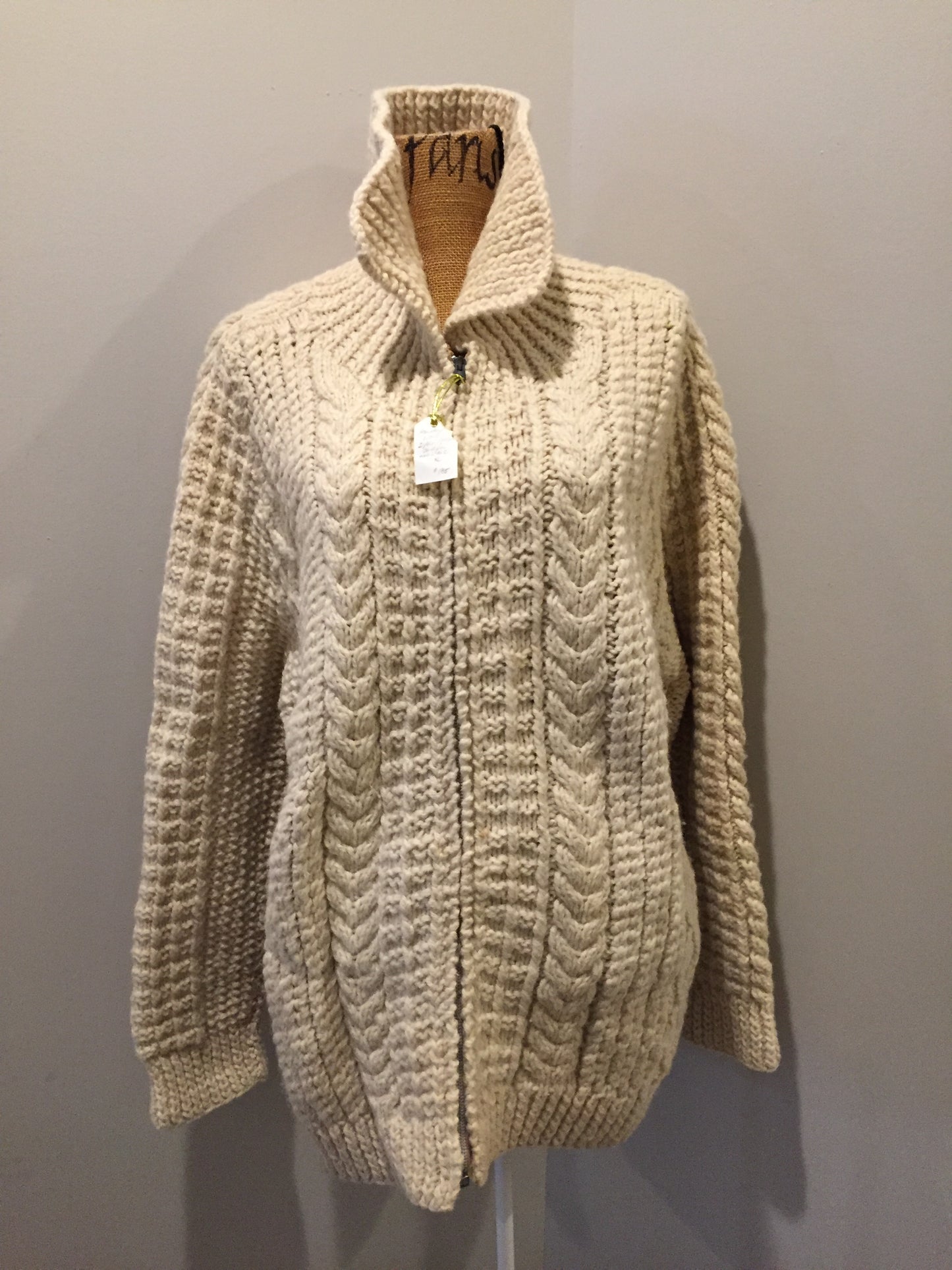 Kingspier Vintage - Hand knit wool cardigan in cream with zipper and pockets. Made in Nova Scotia. Size XL (mens).