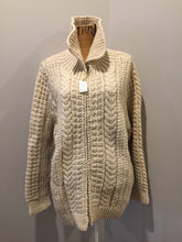 Load image into Gallery viewer, Kingspier Vintage - Hand knit wool cardigan in cream with zipper and pockets. Made in Nova Scotia. Size XL (mens).
