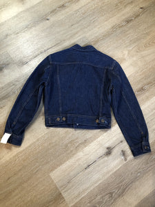 Kingspier Vintage - GWG (Great Western Garment Co.) denim jacket in a dark wash with button closures and two flap pockets on the chest. Fits XS.