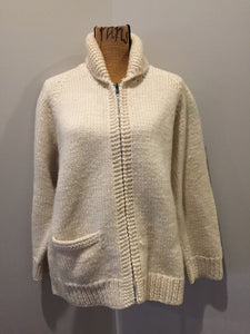 Kingspier Vintage - Mary Maxim wool cardigan in cream with ram design on the back, zipper closure and one pocket in the front. Made in Nova Scotia, Canada. Size large.