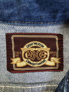 Kingspier Vintage - GWG (Great Western Garment Co.) denim jacket in a medium wash with snap closures and two flap pockets on the chest. Says size 12 fits XS. Canadian company.