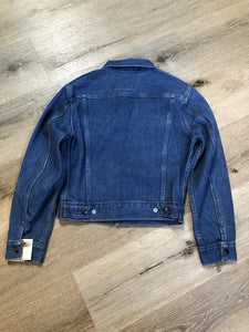 Kingspier Vintage - GWG (Great Western Garment Co.) denim jacket in a medium wash with snap closures and two flap pockets on the chest. Says size 12 fits XS. Canadian company.