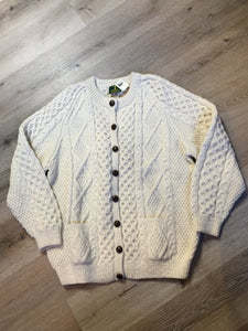 Kingspier Vintage - Trivoli fisherman’s style honeycomb and diamond stitch wool cardigan in cream with buttons and patch pockets. Size L/XL.