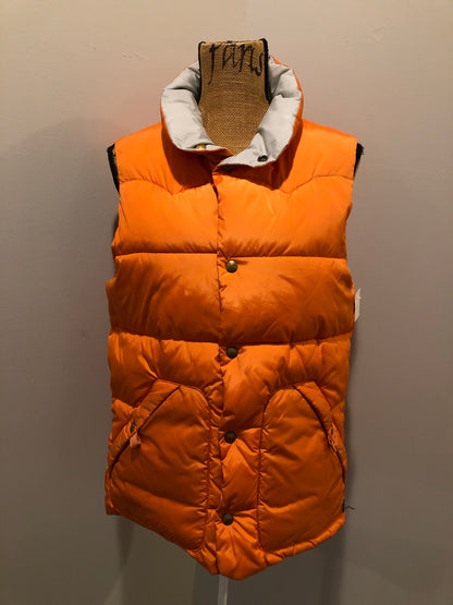 Kingspier Vintage - Scotch and Soda reversible orange and grey 1970’s down filled puffer vest with snap closures and patch pockets. Made in Amsterdam.