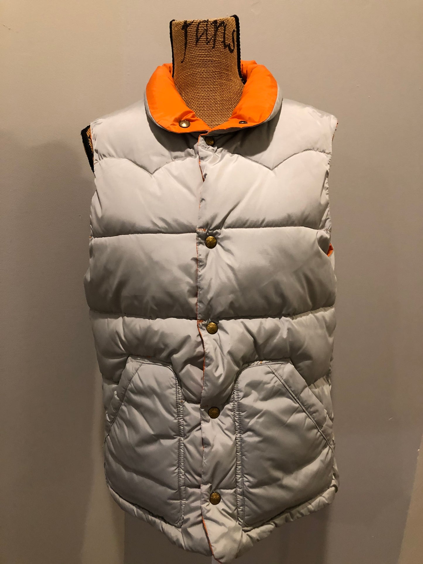 Kingspier Vintage - Scotch and Soda reversible orange and grey 1970’s down filled puffer vest with snap closures and patch pockets. Made in Amsterdam.