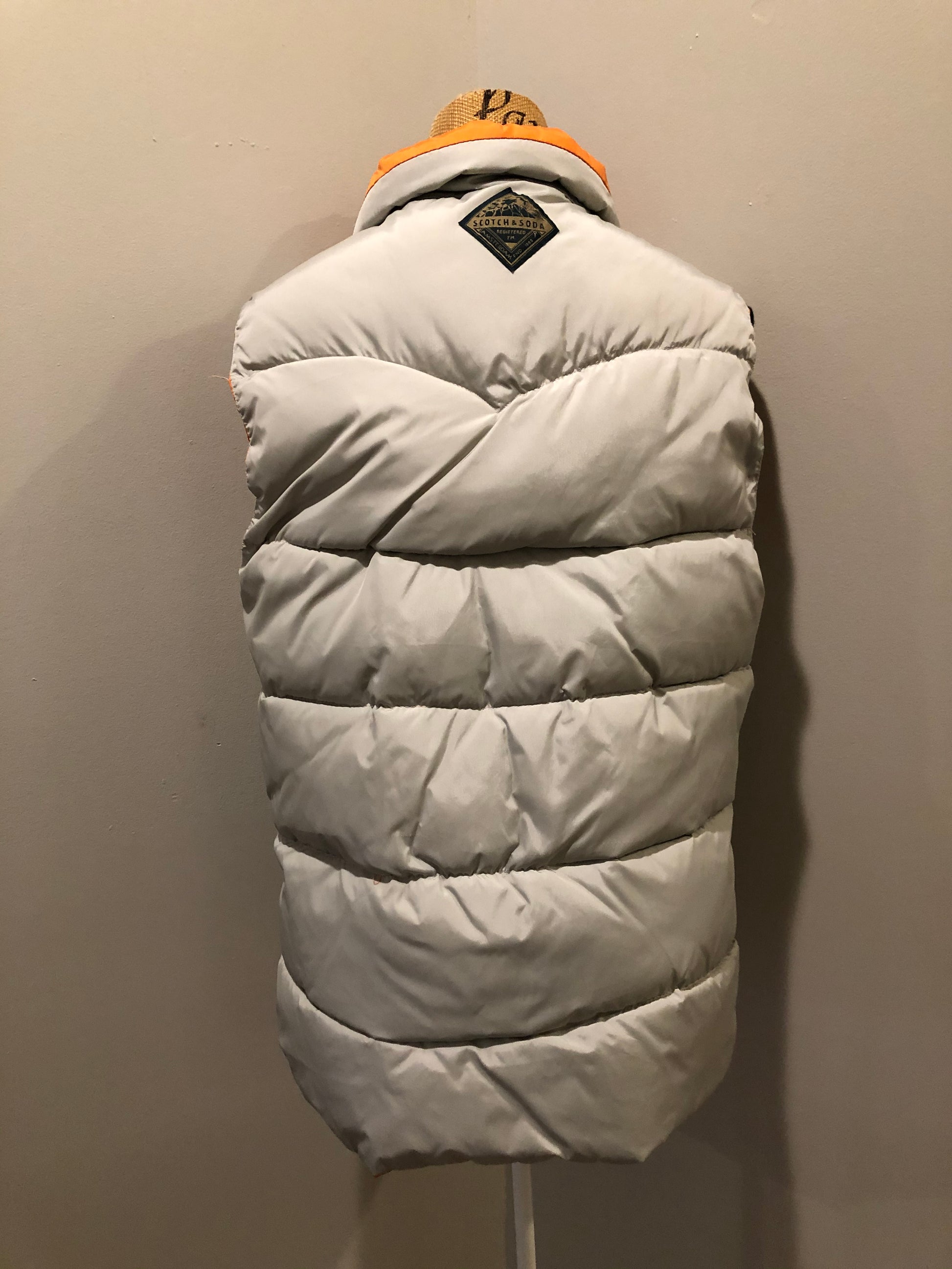 Kingspier Vintage - Scotch and Soda reversible orange and grey 1970’s down filled puffer vest with snap closures and patch pockets. Made in Amsterdam.