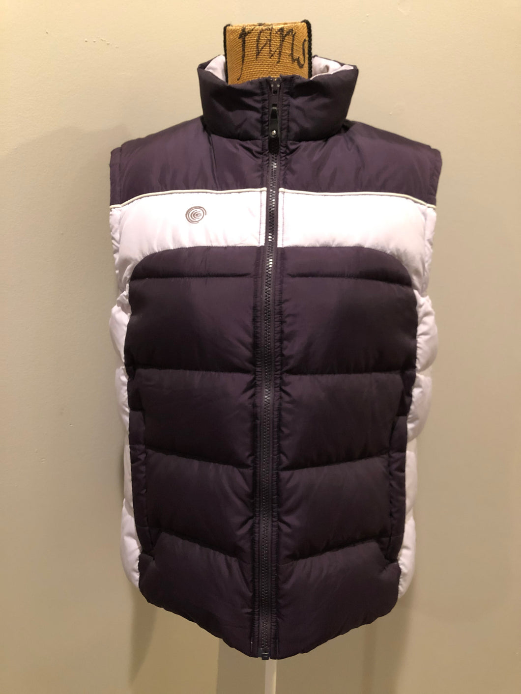 Kingspier Vintage - Columbia dark and light purple down filled puffer vest with zipper closure, vertical zip pockets and inside pocket. Size large.