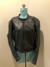 Load image into Gallery viewer, Kingspier Vintage - Vintage MW Leathers black full grain leather motorcycle jacket with mesh lining,snap collar, zipper closure, zip pockets and am inside pocket.
