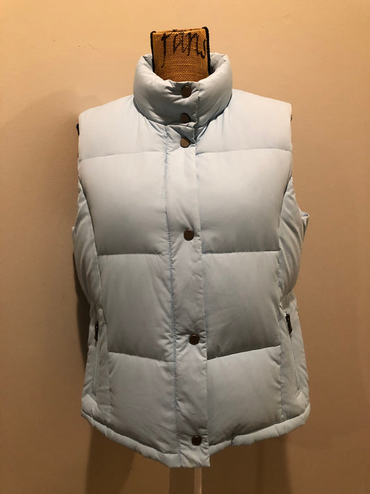 Kingspier Vintage - Alpinetek baby blue down filled puffer vest with zipper and snap closures, vertical zip pockets. Size large.