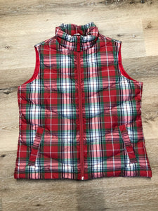 Kingspier Vintage - Land’s End red/ green/ blue/ white plaid down filled vest with zipper closure and slash pockets. Size medium.