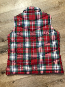 Kingspier Vintage - Land’s End red/ green/ blue/ white plaid down filled vest with zipper closure and slash pockets. Size medium.