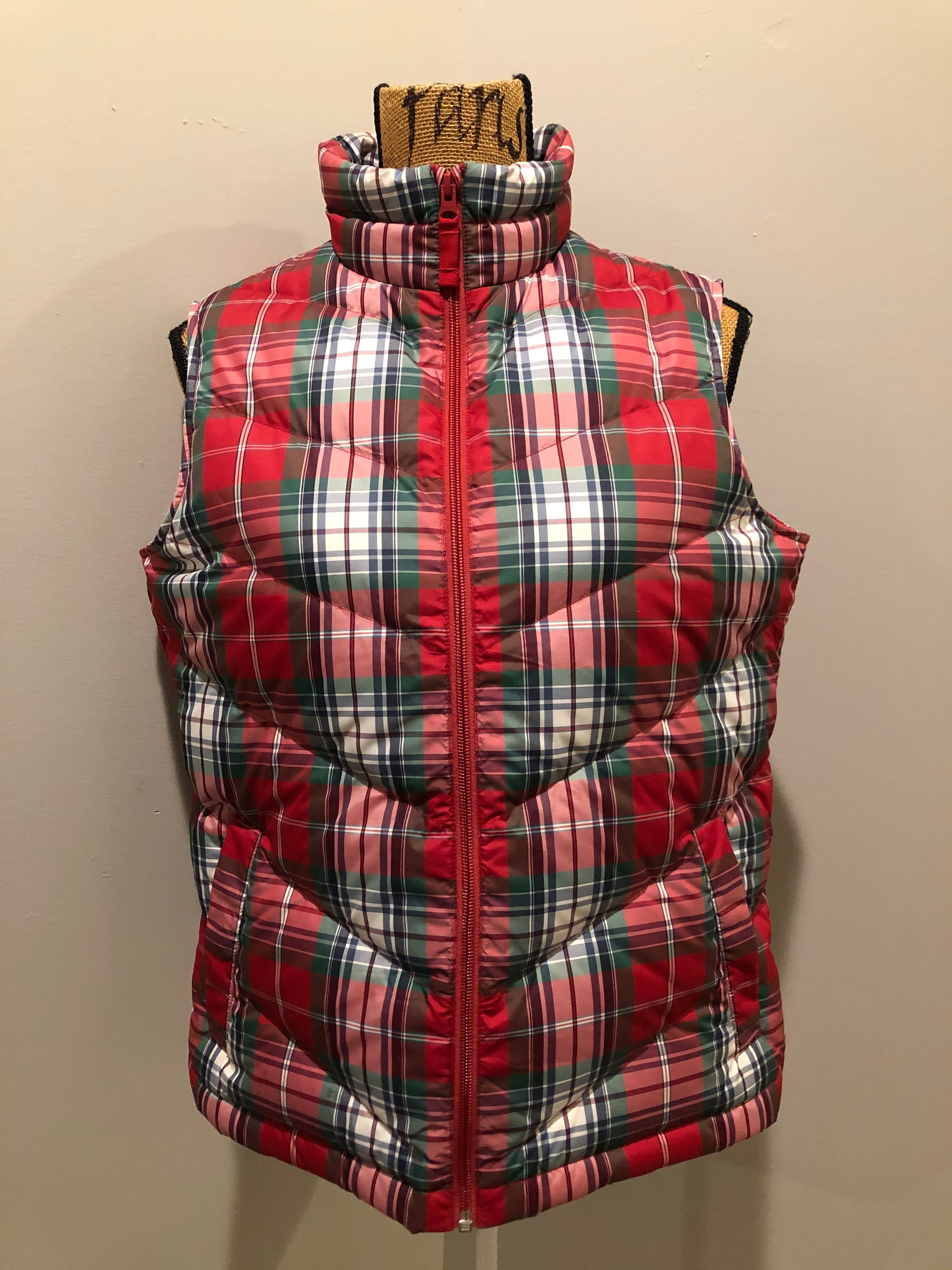 Kingspier Vintage - Land’s End red/ green/ blue/ white plaid down filled vest with zipper closure and slash pockets. Size medium.