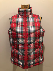 Kingspier Vintage - Land’s End red/ green/ blue/ white plaid down filled vest with zipper closure and slash pockets. Size medium.