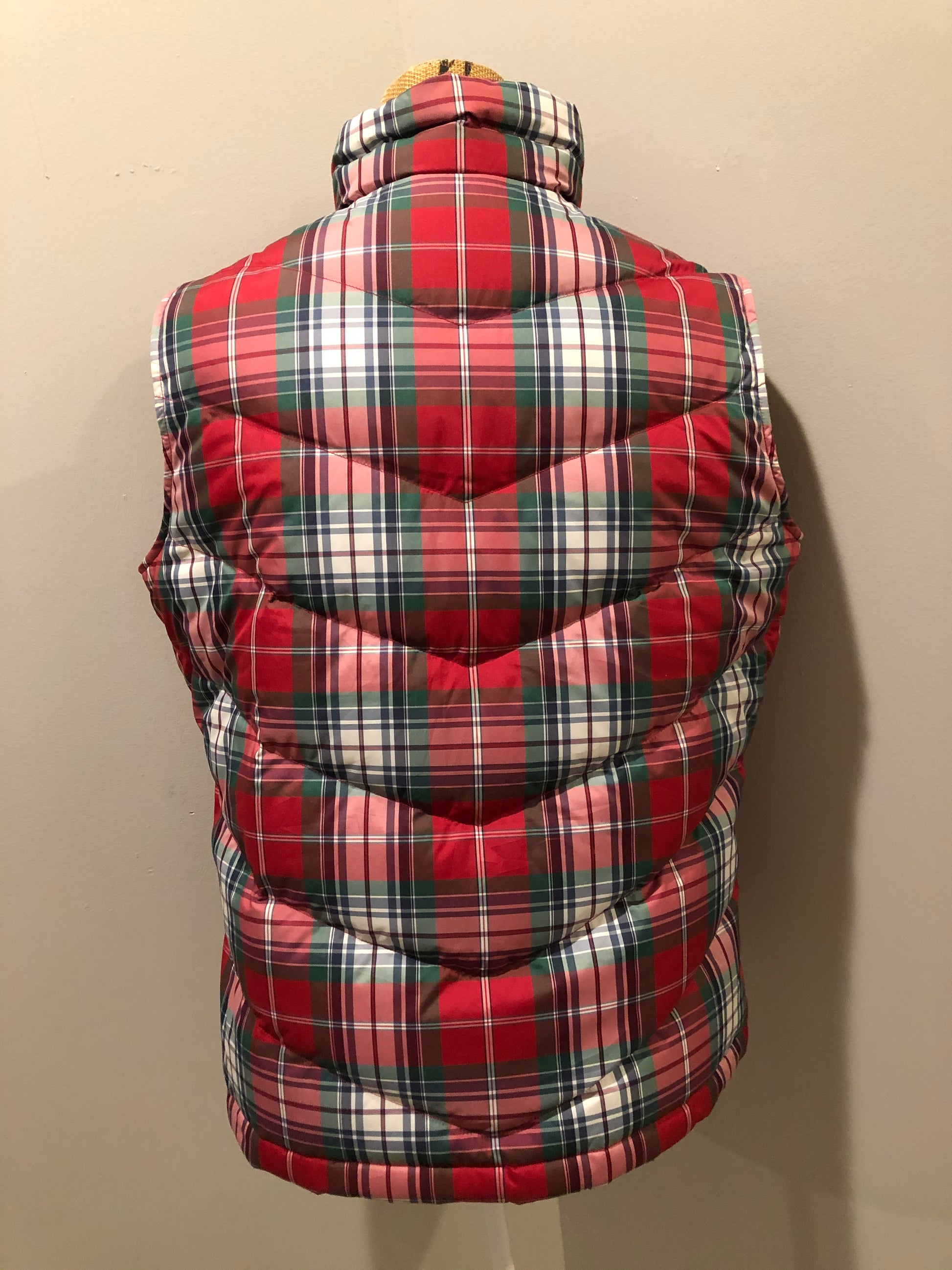 Kingspier Vintage - Land’s End red/ green/ blue/ white plaid down filled vest with zipper closure and slash pockets. Size medium.