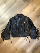 Load image into Gallery viewer, Kingspier Vintage - Vintage 1980’s Bristol “Golden Crown” black leather motorcycle jacket with leather fringe, suede rose applique in the front and back, silver hardware, lace up sides zipper closure, zip pockets and a quilted lining. Made in Canada. Women’s size small.
