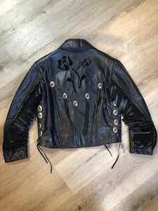 Kingspier Vintage - Vintage 1980’s Bristol “Golden Crown” black leather motorcycle jacket with leather fringe, suede rose applique in the front and back, silver hardware, lace up sides zipper closure, zip pockets and a quilted lining. Made in Canada. Women’s size small.