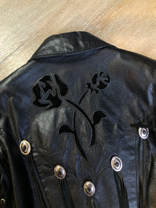 Kingspier Vintage - Vintage 1980’s Bristol “Golden Crown” black leather motorcycle jacket with leather fringe, suede rose applique in the front and back, silver hardware, lace up sides zipper closure, zip pockets and a quilted lining. Made in Canada. Women’s size small.