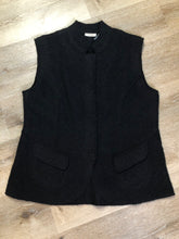 Load image into Gallery viewer, Kingspier Vintage - Venario black wool vest with red paisley lining, snap closures and flap pockets.
